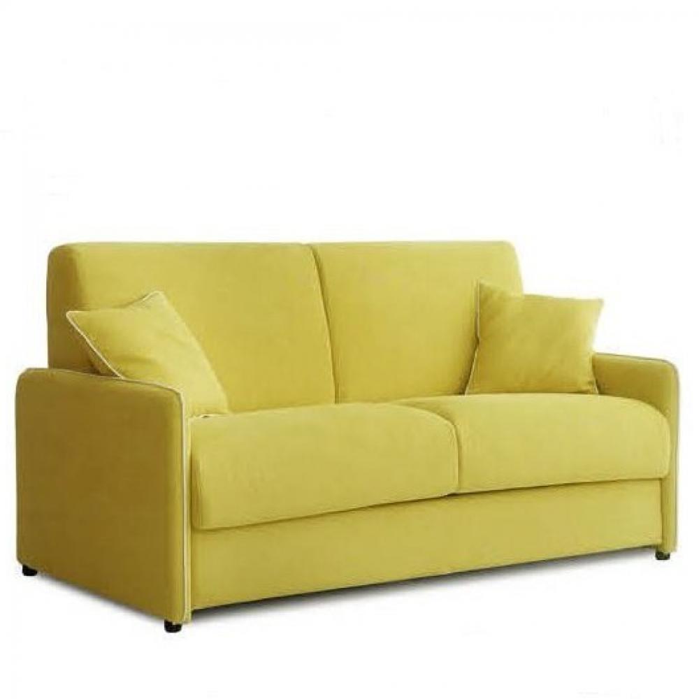 Canapé convertible EXPRESS 140 cm GEMMA matelas 16 cm tissu jaune passepoil blanc