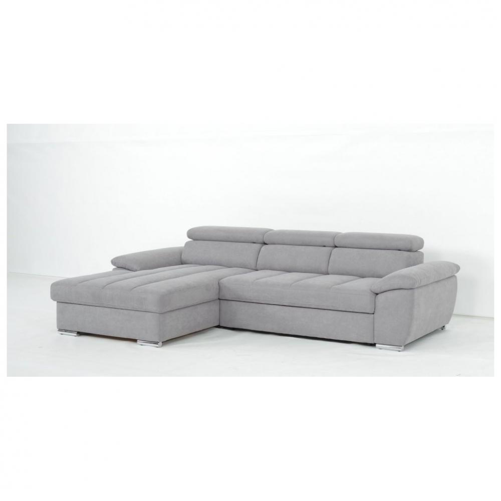 Canapé d'angle gauche convertible avec Méridienne coffre KID tissu gris clair