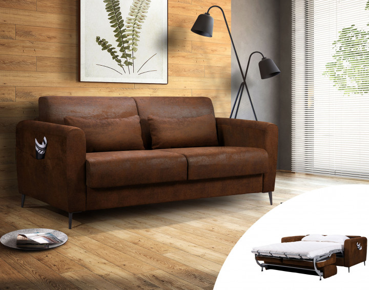 Allan - Canapé 3 places convertible - ouverture express - couchage quotidien - Microfibre  Marron