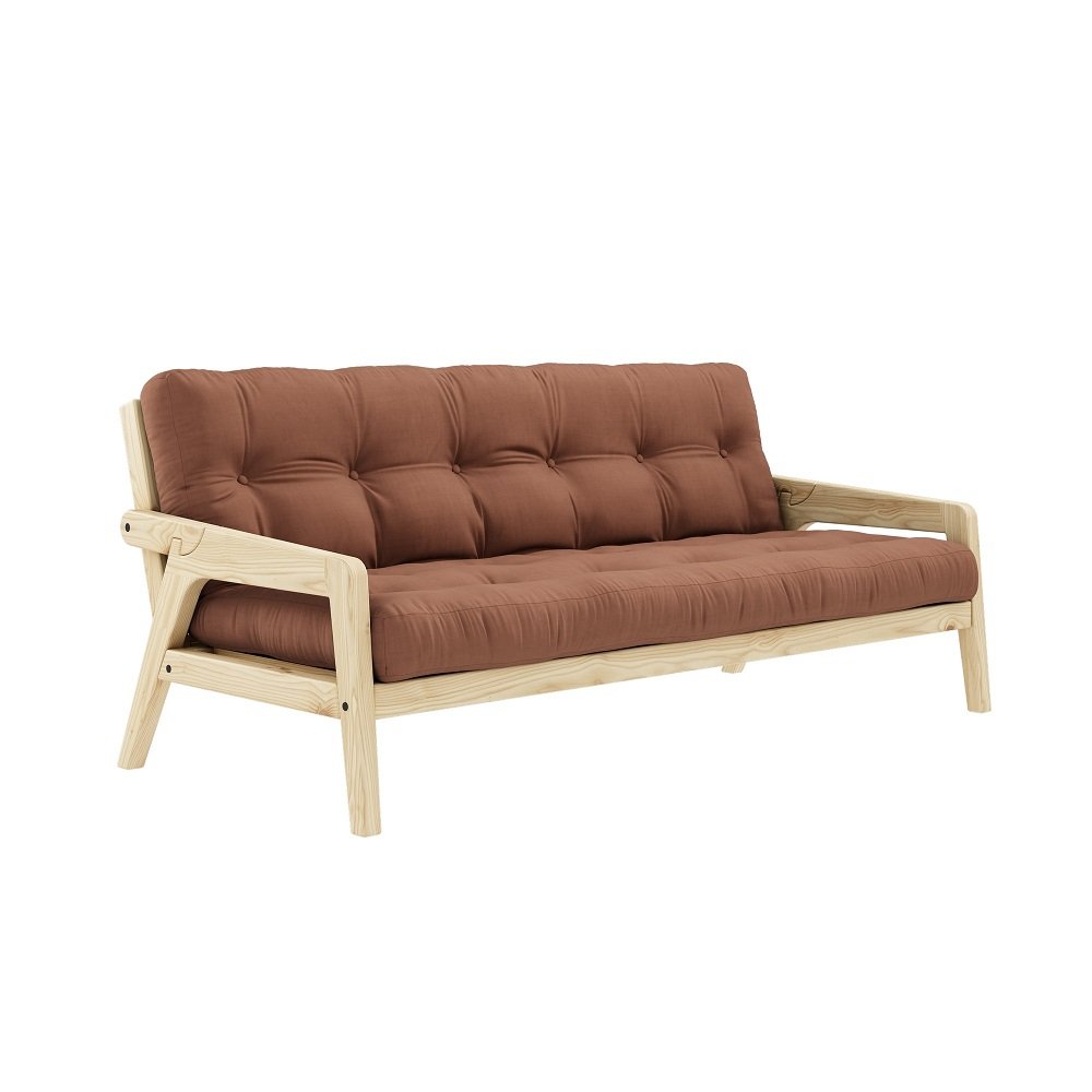 Canapé convertible futon GRAB pin naturel coloris brun argile couchage 130 cm.
