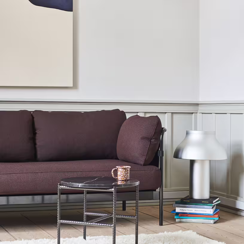Can - canapé trois places en acier chromé et textile beige