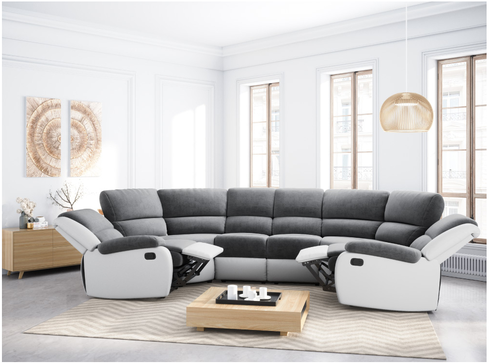 RELAXXO - Canapé de Relaxation manuel Panoramique LEO 8 places bi-matière Microfibre/Simili