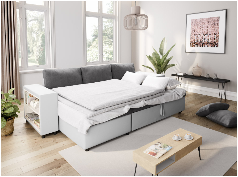Canapé d'angle MADY convertible avec coffre, accoudoir étagère et poufs en simili et microfibre - Vue supplémentaire 1