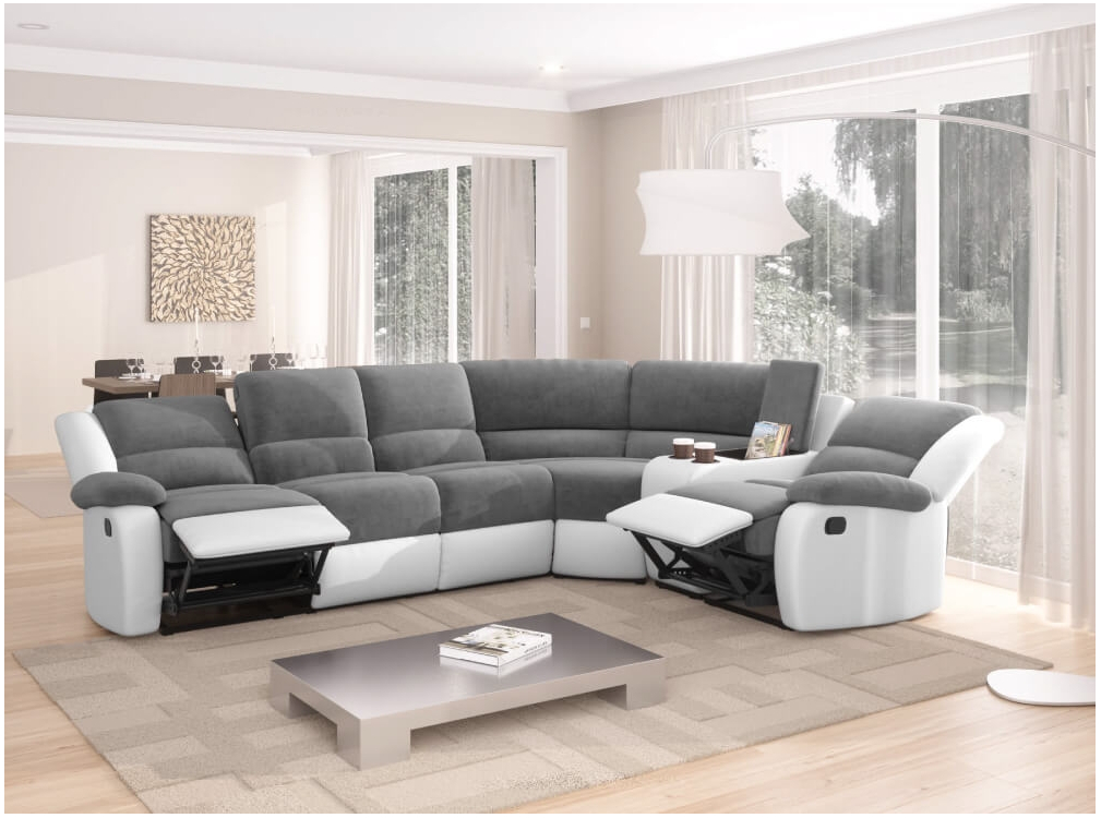 RELAXXO - Canapé d'angle de Relaxation manuel LEO 5 places bi-matière Simili/Tissu