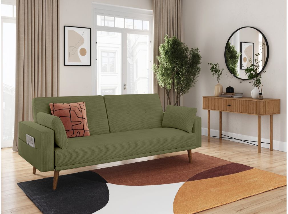 Canapé droit scandinave ELGA convertible 3 places en velours côtelé