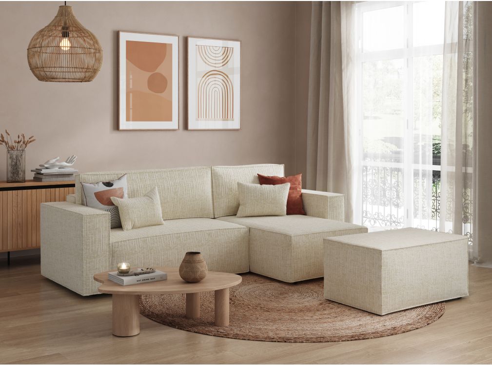 PACK - CLARISSE - Canapé d'angle convertible réversible avec pouf en tissu texturé 3D