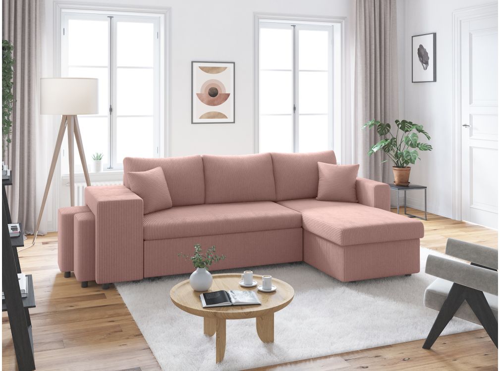 Canapé d'angle réversible convertible OSLO avec coffre et 2 poufs en velours côtelé