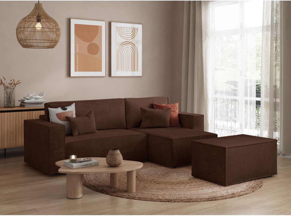 PACK - CLARISSE - Canapé d'angle convertible réversible avec pouf en velours côtelé