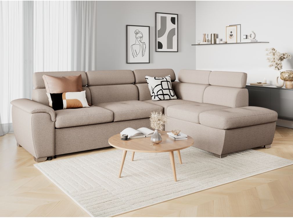Canapé d'angle PAOLA convertible, 4 places avec coffre en tissu