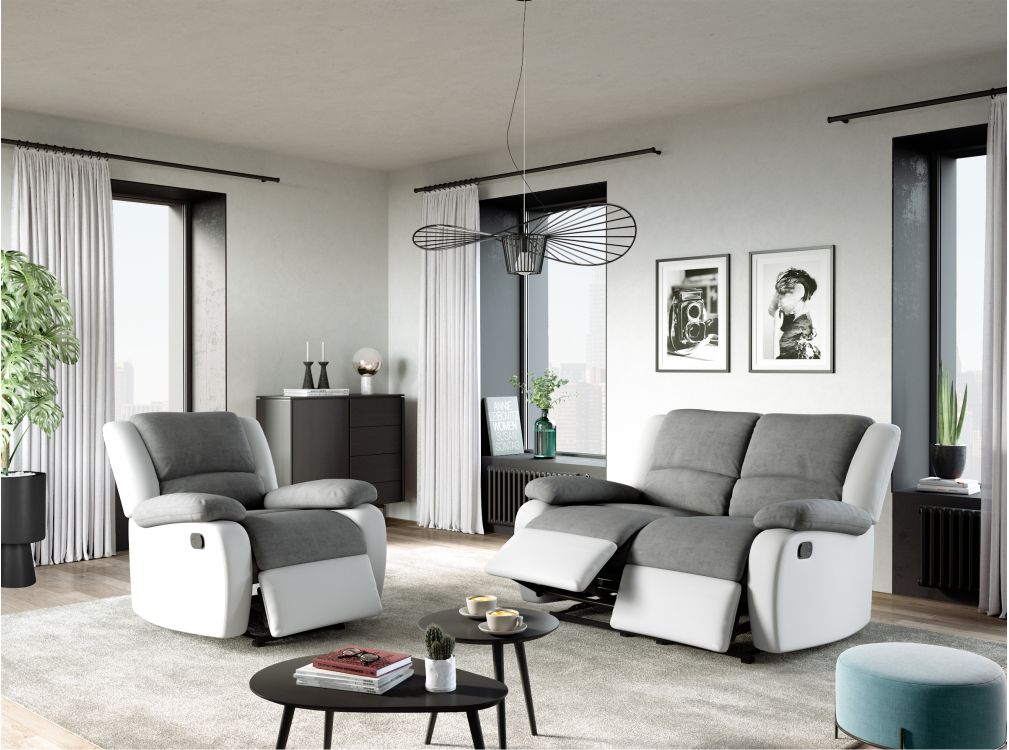 RELAXXO - Ensemble canapé relax manuel LEO 2 places + fauteuil manuel en microfibre et simili