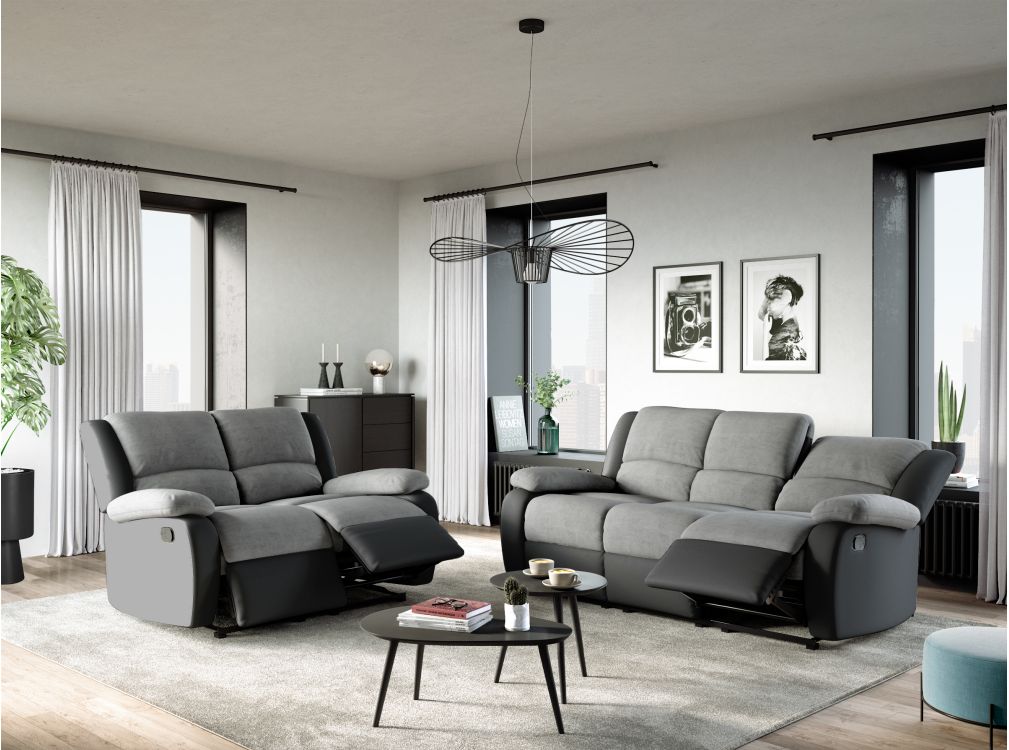 RELAXXO - Ensemble de Canapés Relaxation manuel 3 places et 2 places LEO Microfibre Grise / Simili Noir