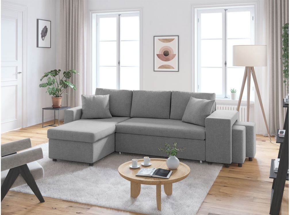 Canapé d'angle OSLO convertible avec coffre et poufs en tissu