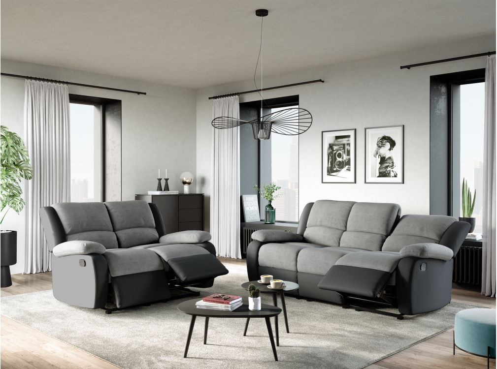 RELAXXO - Ensemble de Canapés Relaxation manuel 3 places et 2 places LEO Microfibre Grise / Simili Noir