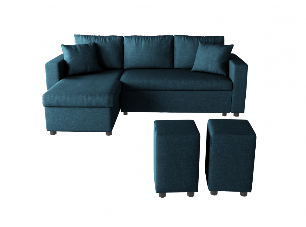 Canapé d'Angle GUEST Réversible et Convertible avec Coffre et 2 Poufs en tissu