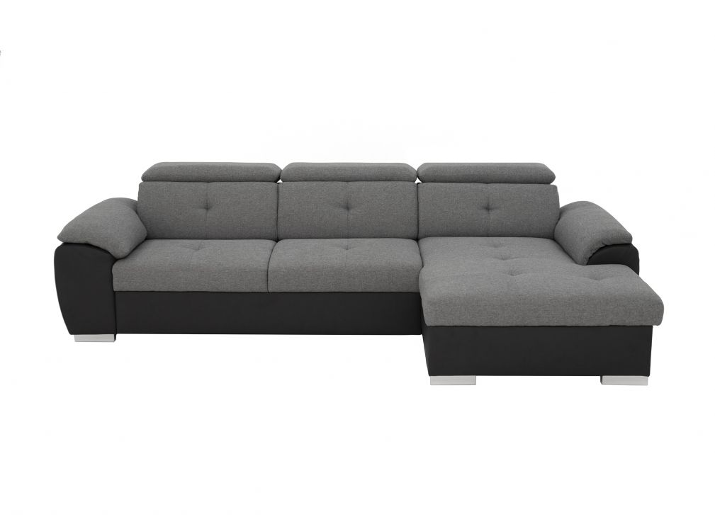 Canapé d'angle KATIA convertible avec coffre et têtières en simili et tissu