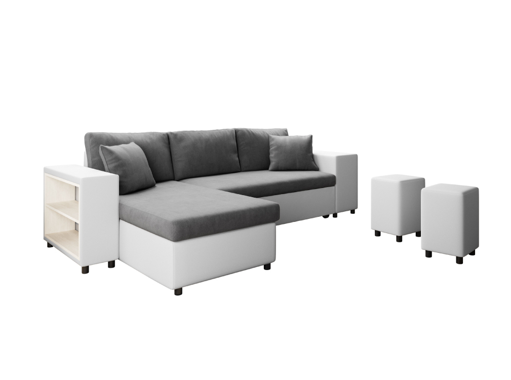 Canapé d'angle MADY convertible avec coffre, accoudoir étagère et poufs en simili et microfibre