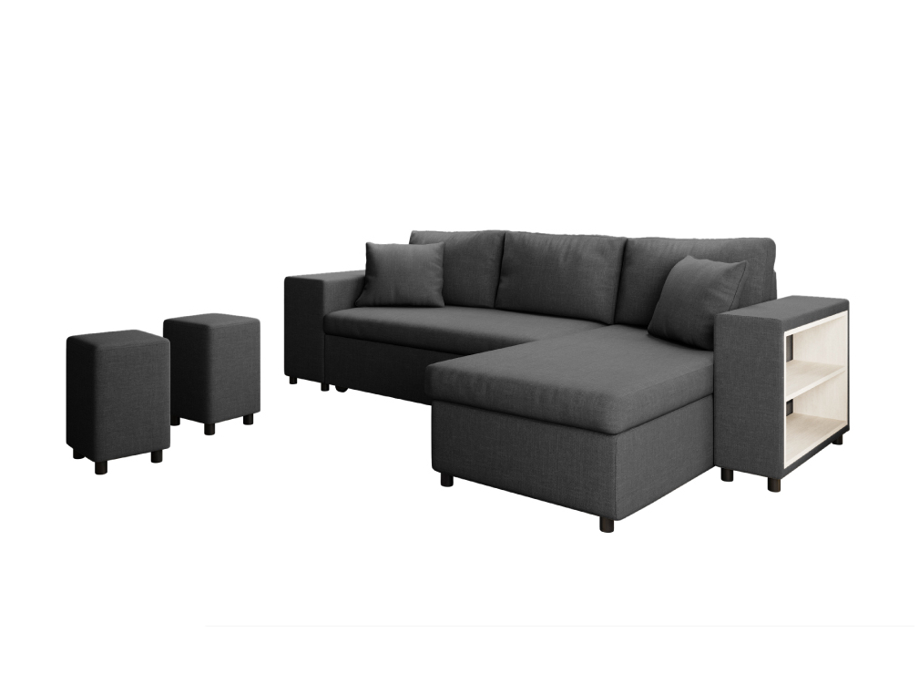 Canapé d'angle MADY convertible avec coffre, accoudoir étagère et poufs en tissu
