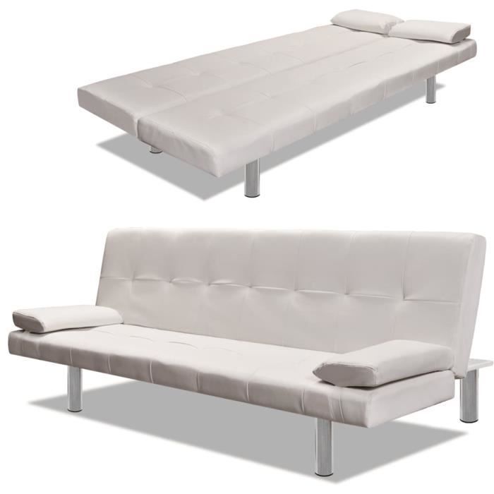 Canapé-lit convertible en cuir synthétique blanc cassé avec 2 oreillers - contemporain et confortable