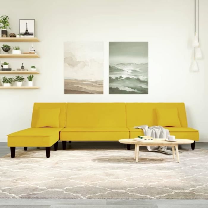 Canapé-lit en forme de L jaune 255x140x70 cm velours 3157255