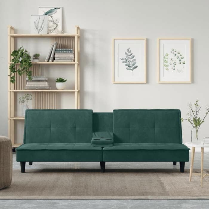 Canapé-lit avec porte-gobelets vert foncé velours 351922