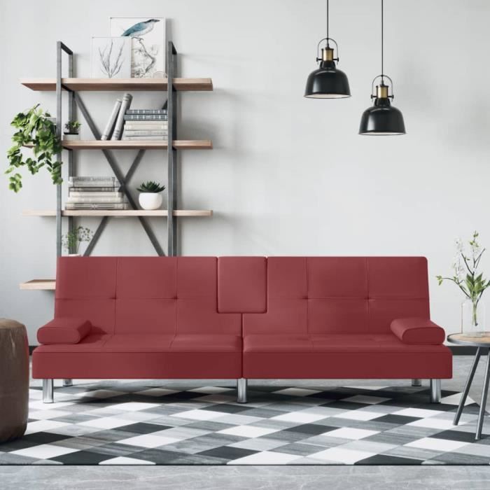 Canapé-lit avec porte-gobelets rouge bordeaux similicuir 351930