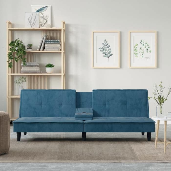 Canapé-lit avec porte-gobelets bleu velours 351919