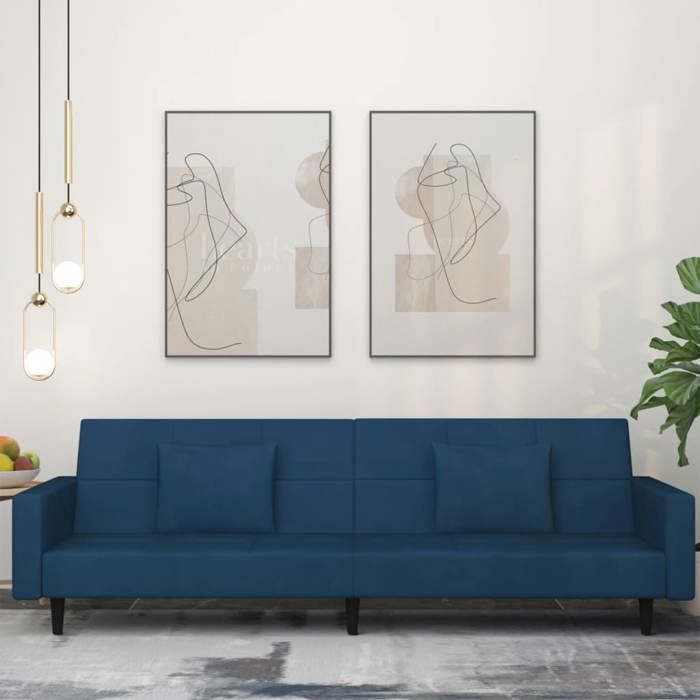 Canapé-lit à 2 places avec deux oreillers bleu velours 375815