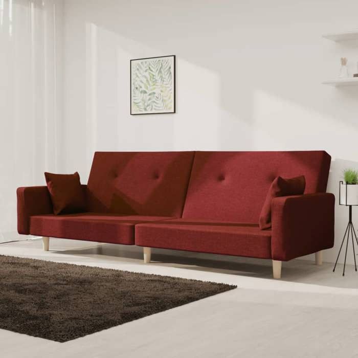 Canapé-lit à 2 places avec deux oreillers rouge bordeaux tissu 375746