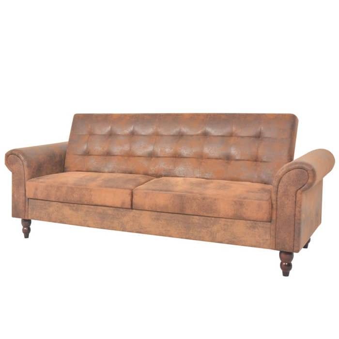 Canapé à 2 places convertible accoudoir daim synthétique marron 245584