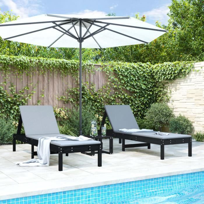 "Solde d'été" Chaises longues - lot de 2 noir 199,5x60x74 cm bois massif de pin 199,5x60 x74 cm