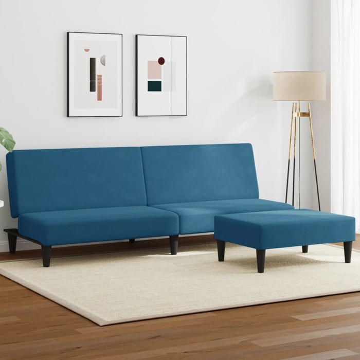 Canapé-lit à 2 places avec repose-pied - convertible - bleu velours - 200x84,5x69 cm,31,8 Kg 6702
