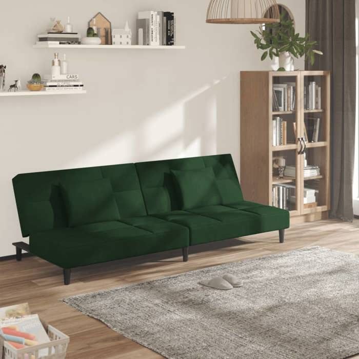 Canapé-lit à 2 places avec deux oreillers - convertible - Vert foncé Velours - 200x84,5x69 cm,24,1 Kg 3434