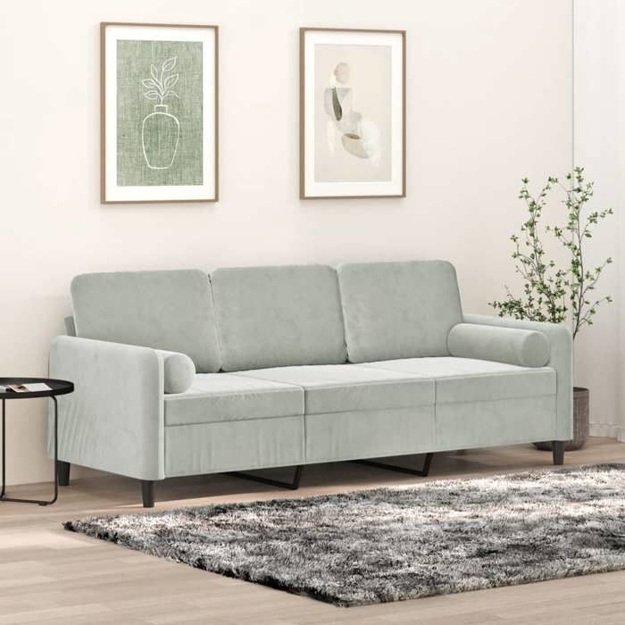 Nouveau Canapé 3 places - Canapé droit pour Salon - avec oreillers gris clair 180 cm velours DECO FT4816723