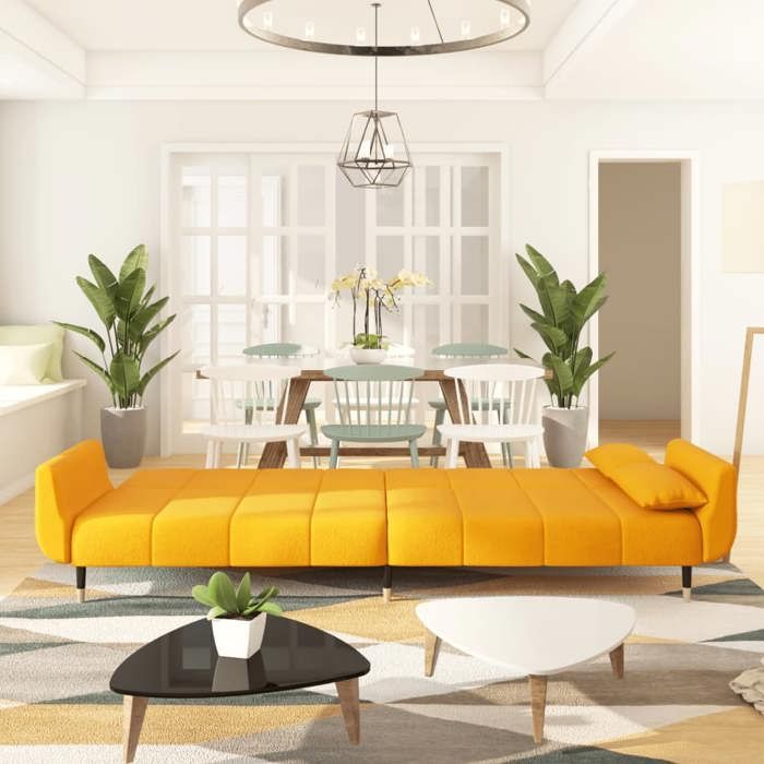 Lit de repos ,Canapé-lit à 2 places, Canapé droit, Banquette Sofa de Salon avec deux oreillers Jaune Velours SQZR234589 - BELLE