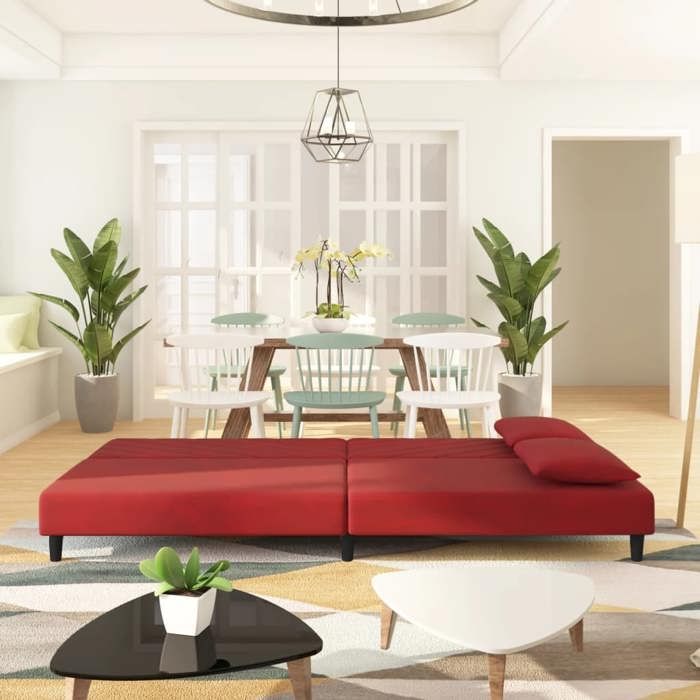 Lit banquette 2 places - convertible - Canapé-lit à 2 places et deux oreillers Rouge bordeaux Velours CAL3458432