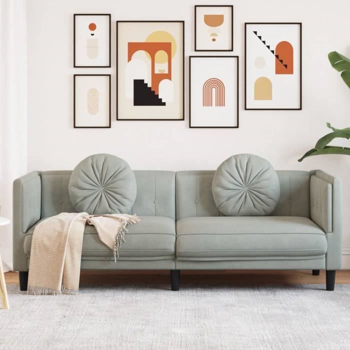 Canapé salon séjour | Canapé avec coussins 3 places | gris clair velours 193,5x77x70 cm
