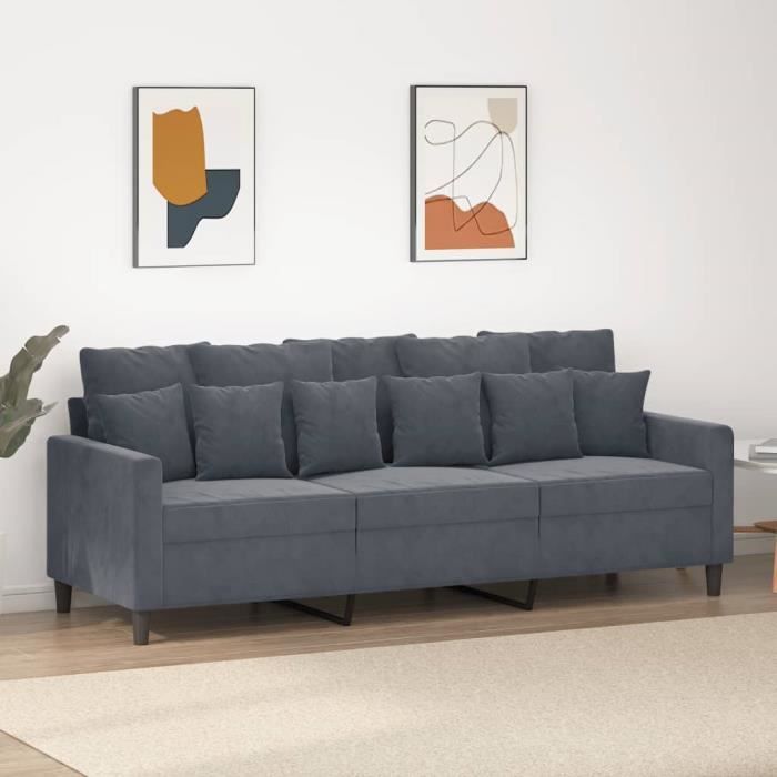 Canapé salon séjour | Canapé à 3 places | Gris foncé 180 cm Velours 198x77x80 cm