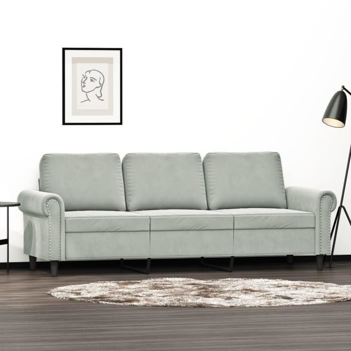 Canapé salon séjour | Canapé à 3 places | Gris clair 180 cm Velours 212x77x80 cm