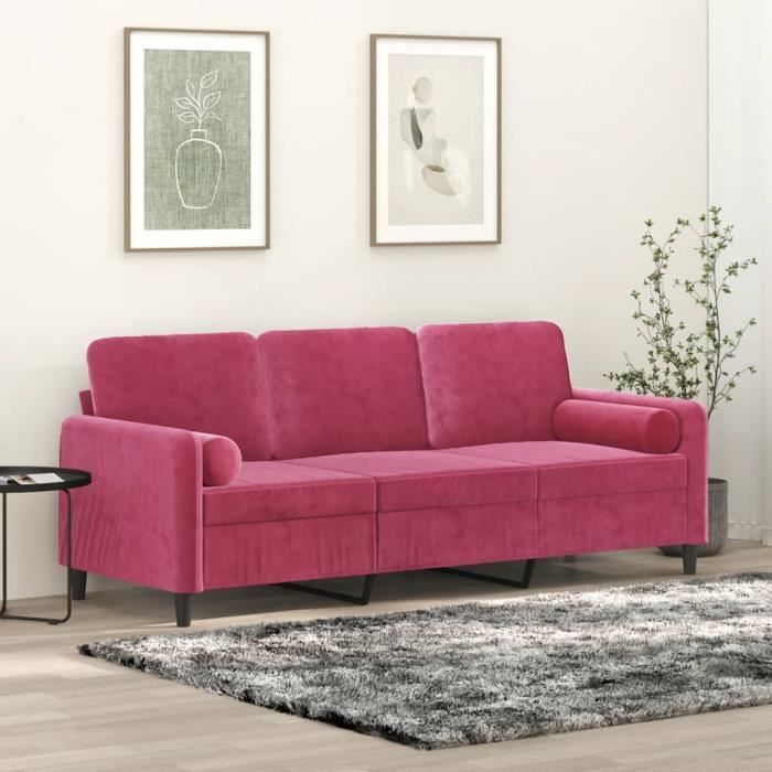 Canapé salon séjour | Canapé 3 places | avec oreillers bordeaux 180 cm velours 198x77x80 cm
