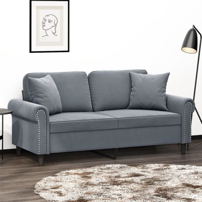 Canapé salon séjour | Canapé 2 places | avec oreillers gris foncé 140 cm velours 172x77x80 cm