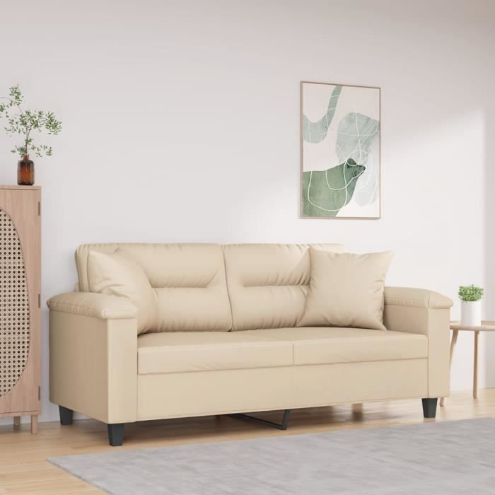 Canapé salon séjour | Canapé 2 places | avec oreillers crème 140 cm tissu microfibre 170x77x80 cm