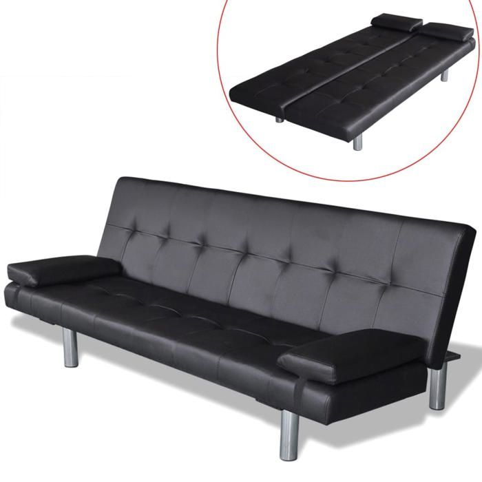 Canapé convertible 2 places/ Sofa-lit réglable avec deux oreillers - Similicuir - noirCC77431247