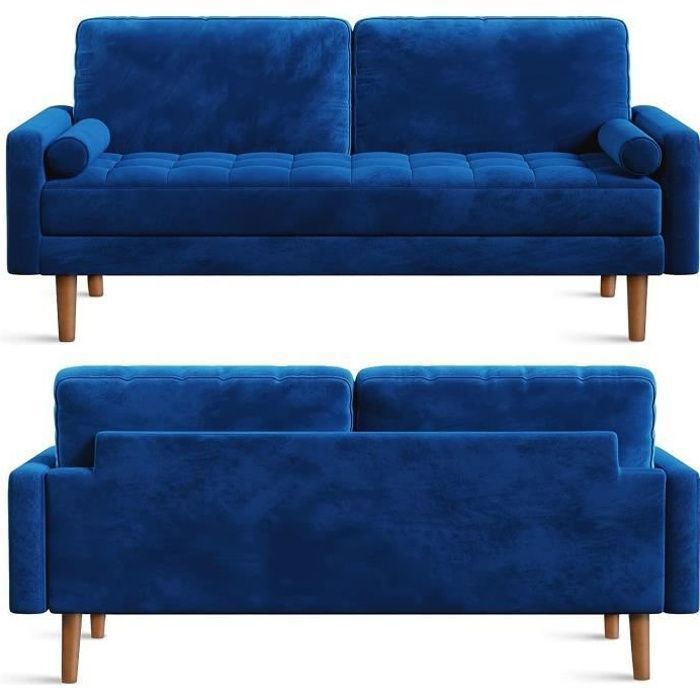 Canapé 3 Places en Velours Bleu,Canapé Scandinave avec 2 coussins pour salon chambre,Fauteuil Moderne 176×78×85 cm