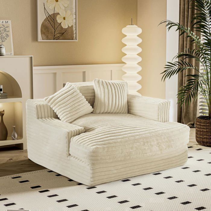 VERCART Grand canapé-lit et chaise longue avec accoudoirs et 2 coussins lombaires Lit rembourré super doux,chambre à coucher Beige
