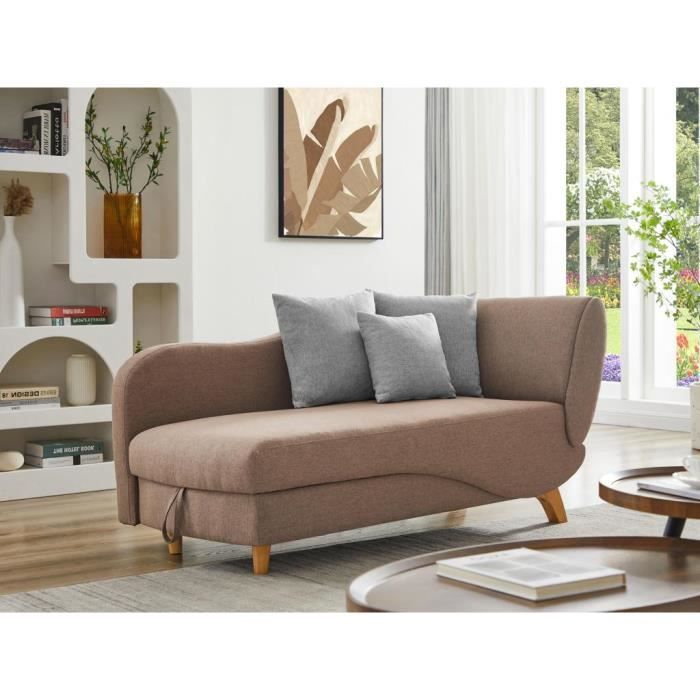 Méridienne droite convertible en tissu marron avec coffre de rangement PENELOPE