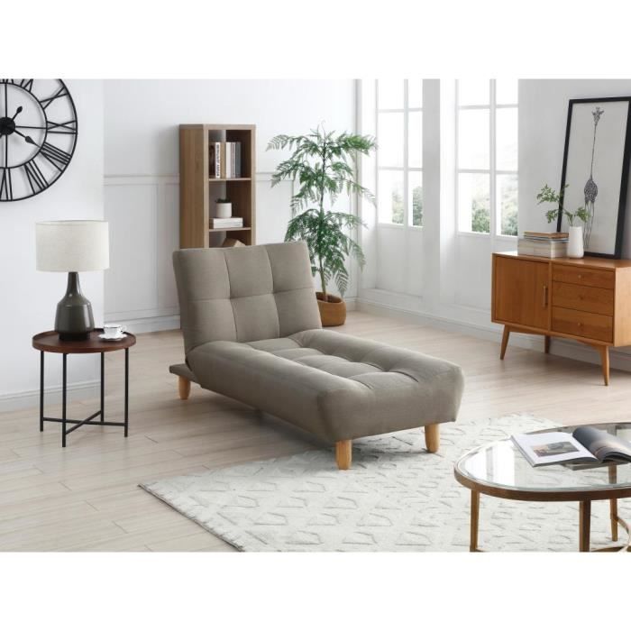 Méridienne convertible ESTEBAN - VENTE-UNIQUE - Tissu taupe - Fonction clic-clac