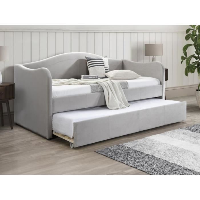Lit banquette gigogne 2 x 90 x 190 cm - Velours - Gris clair - MATHILDE