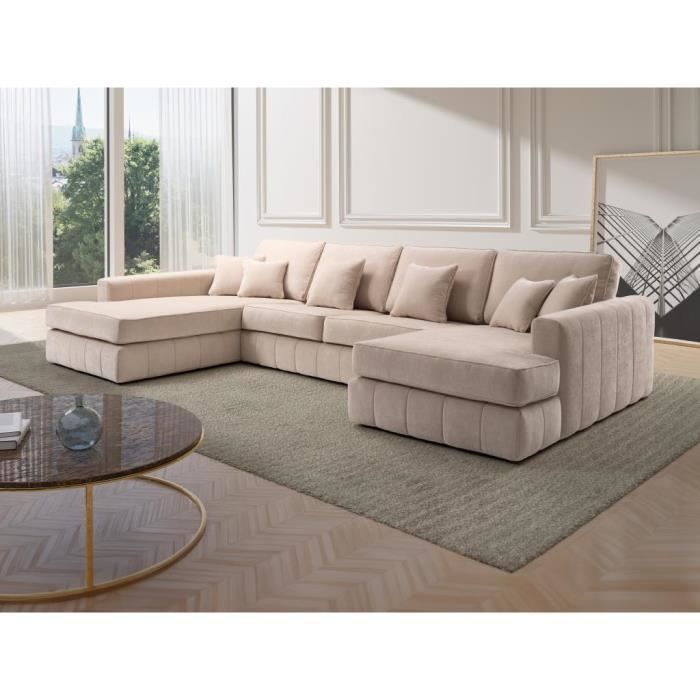 Grand canapé d'angle gauche panoramique en tissu beige BERGOTA