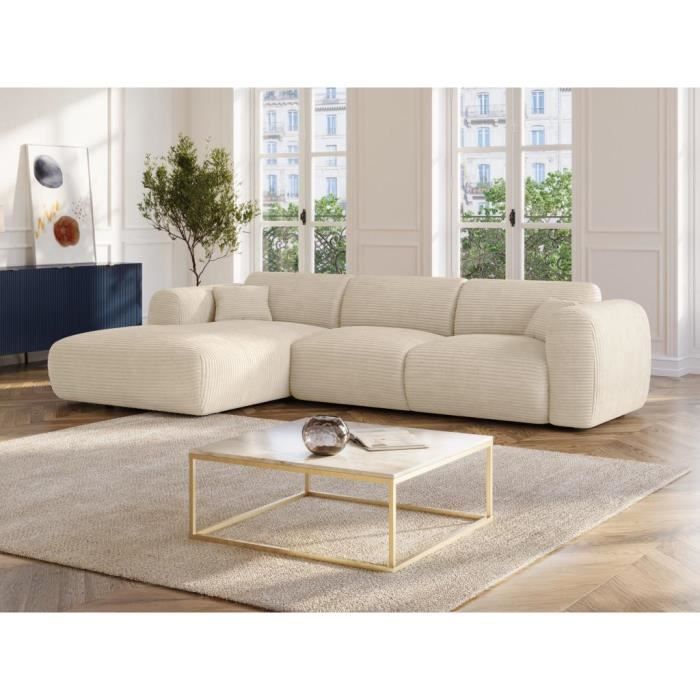 Grand canapé d'angle gauche en velours côtelé beige POGNI de Maison Céphy