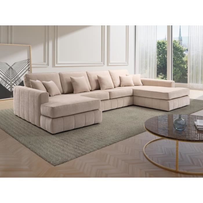 Canapé d'angle panoramique beige BERGOTA - VENTE-UNIQUE - 7 places - Déhoussable - Design contemporain